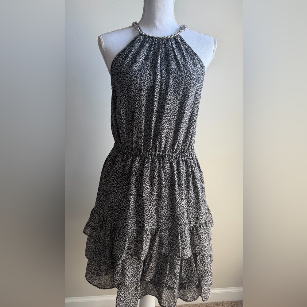 Michael Kors Black and White Halter Tiered Mini Dress